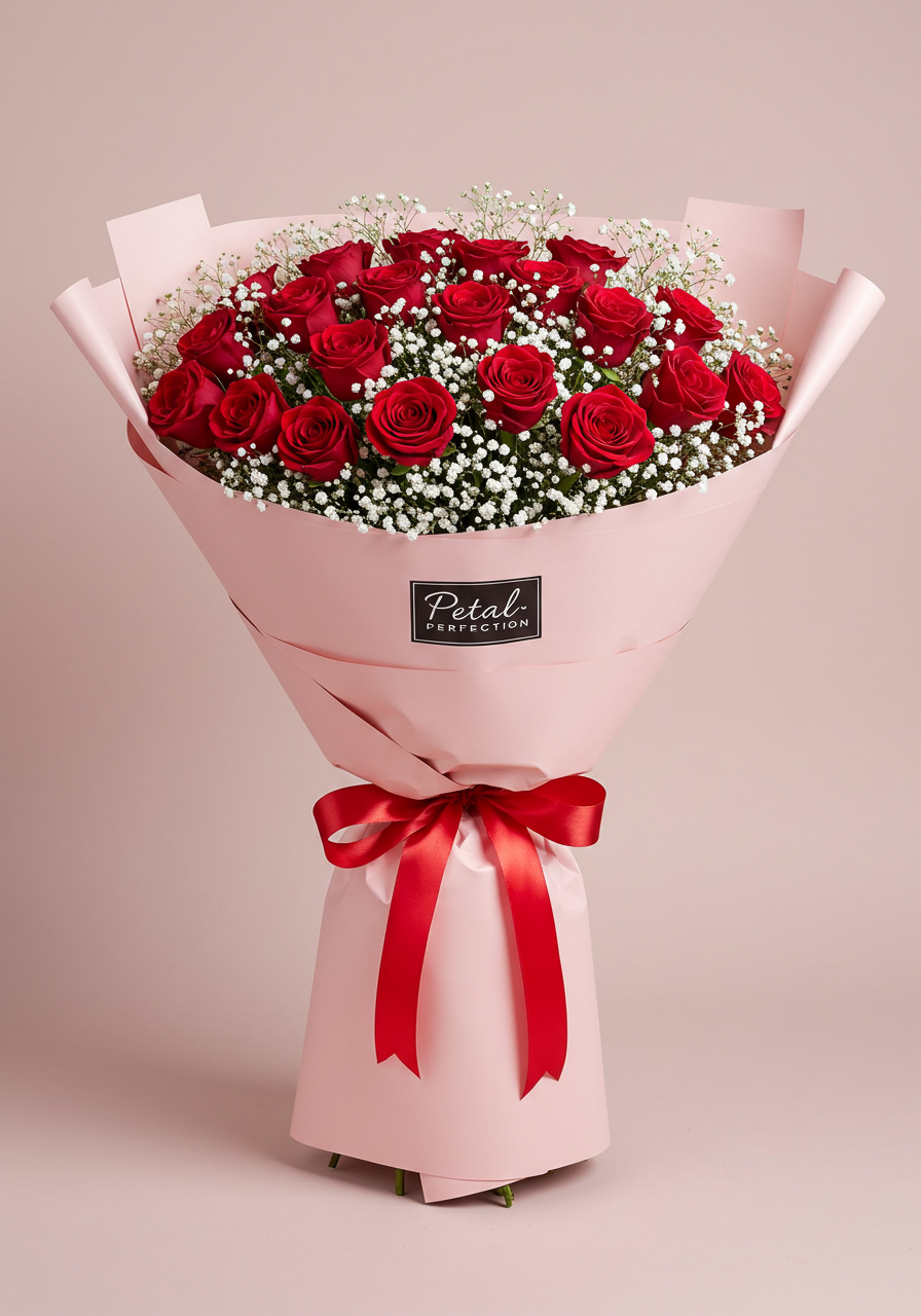 Red Roses and Baby Breath Bouquet